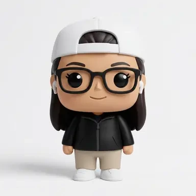 Concept design of a vinyl-style figure wearing a white cap and glasses